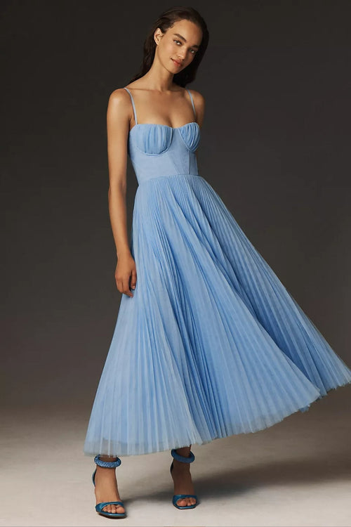 BIELLA - Abito da Invitata a Matrimonio Midi Donna Corsetto Gonna Plissettata Tulle