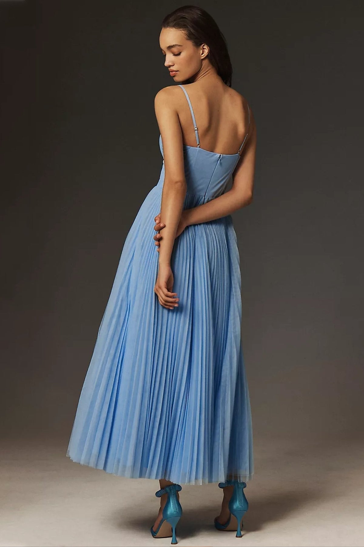 Abito da Invitata a Matrimonio Midi Donna Corsetto Gonna Plissettata Tulle