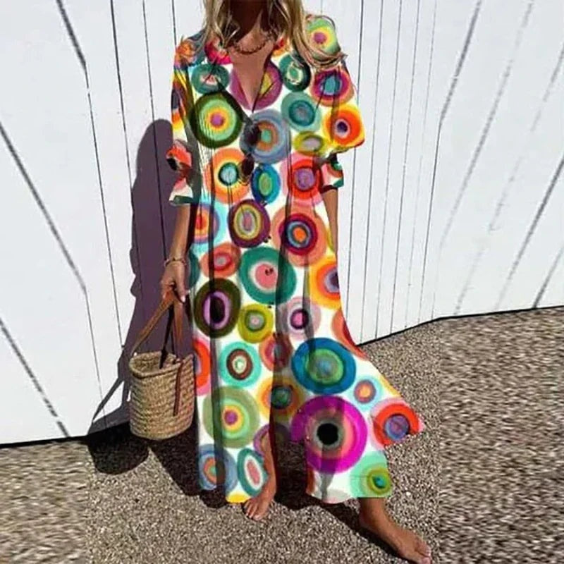 Abito Lungo Estivo Stampa Floreale Donna Scollo a V