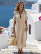 Abito Midi Chemisier in Lino Casual Donna Manica Corta