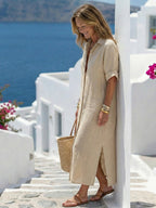 Abito Midi Chemisier in Lino Casual Donna Manica Corta