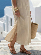 Abito Midi Chemisier in Lino Casual Donna Manica Corta