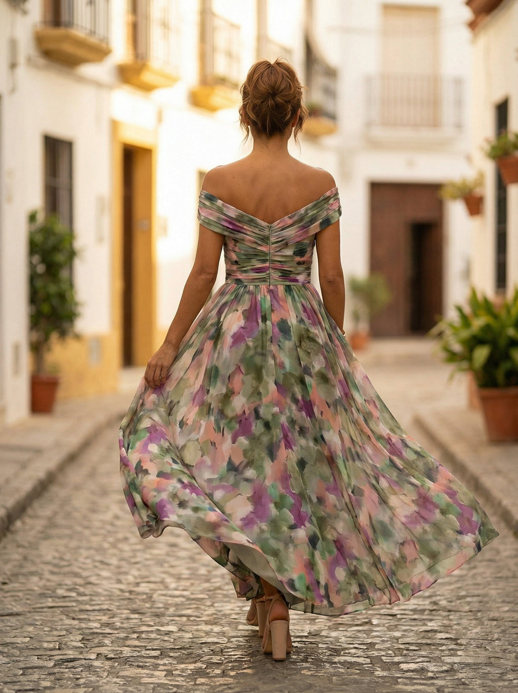 Abito Lungo da Gala Spalle Scoperte Donna Plissettato