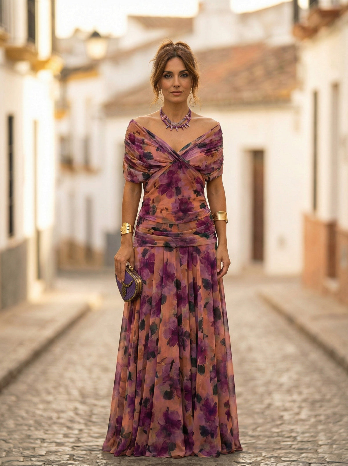 Abito Lungo da Gala Spalle Scoperte Donna Plissettato