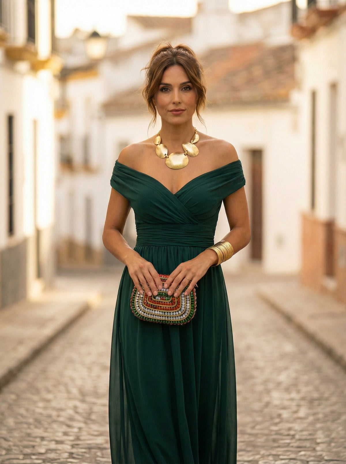 Abito Lungo da Gala Spalle Scoperte Donna Plissettato