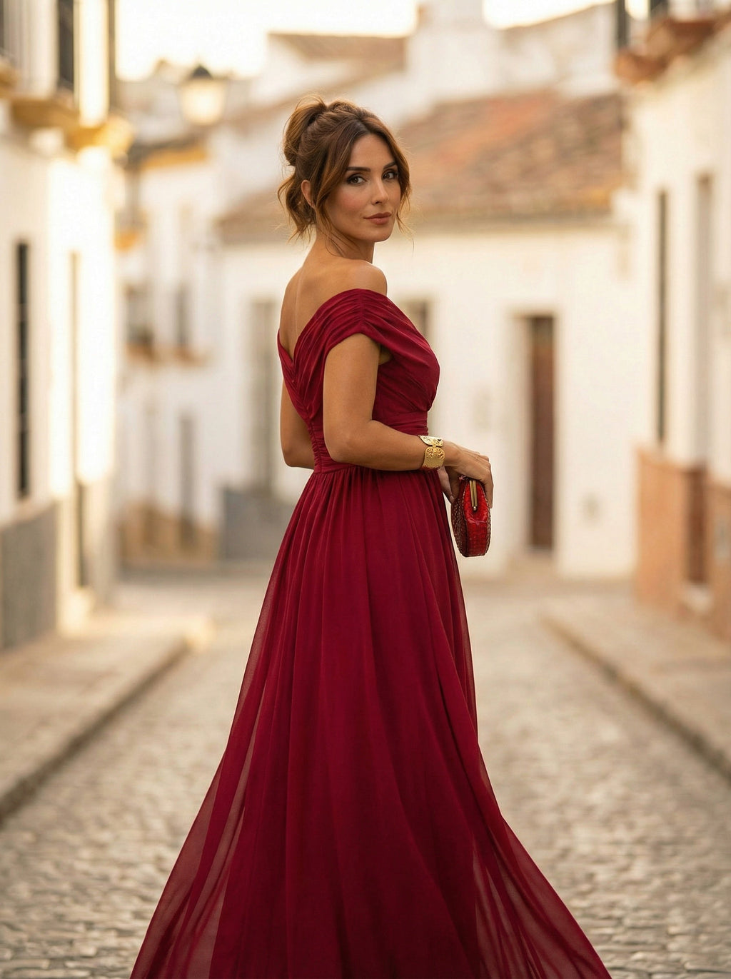 Abito Lungo da Gala Spalle Scoperte Donna Plissettato