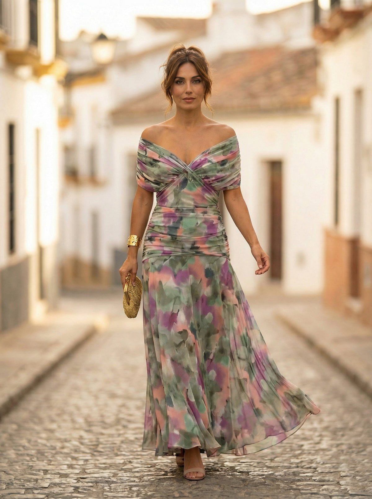 Abito Lungo da Gala Spalle Scoperte Donna Plissettato