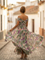 Abito Lungo da Gala Spalle Scoperte Donna Plissettato