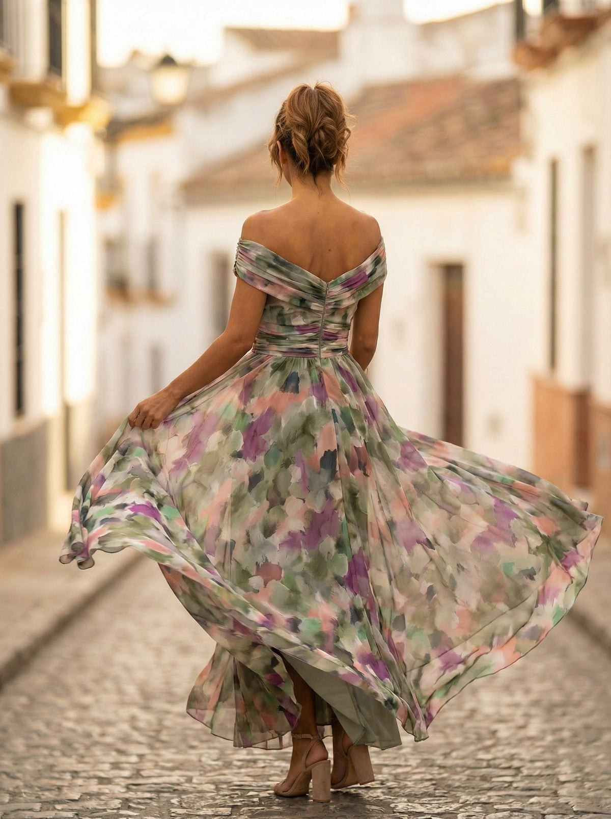 Abito Lungo da Gala Spalle Scoperte Donna Plissettato