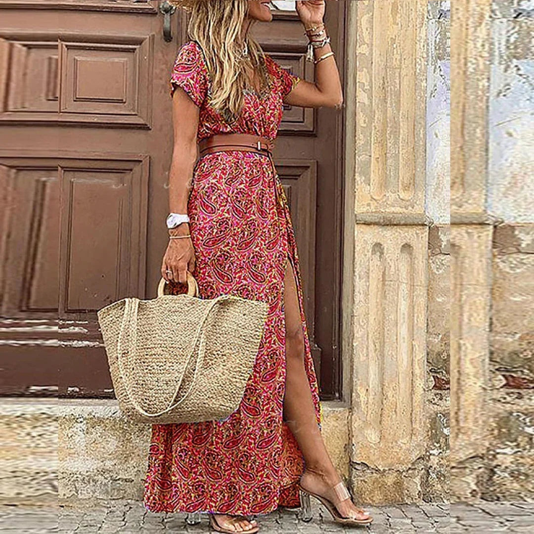 Abito Lungo Estivo Stampa Floreale Donna con Cintura