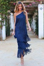 AGRIGENTO - Abito Lungo Elegante Asimmetrico Monospalla Donna con Frange