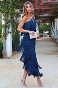 AGRIGENTO - Abito Lungo Elegante Asimmetrico Monospalla Donna con Frange