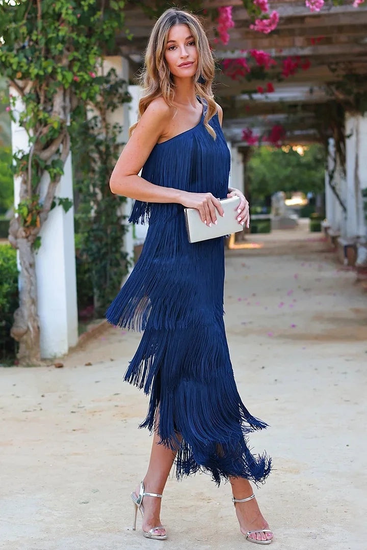 Abito Lungo Elegante Asimmetrico Monospalla Donna con Frange