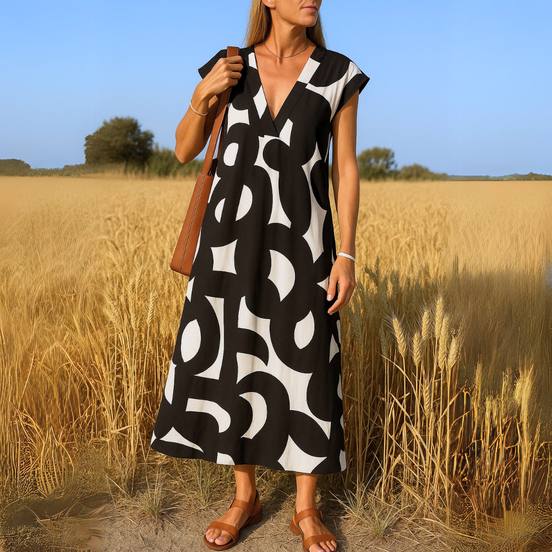 Abito Midi Casual Estivo Stampa Geometrica Donna Scollo a V