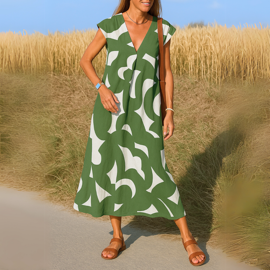 Abito Midi Casual Estivo Stampa Geometrica Donna Scollo a V