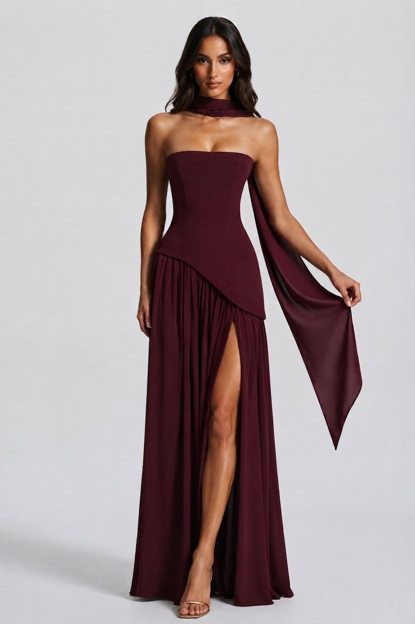 Abito Lungo da Sera Drappeggiato Donna Corsetto Spacco Laterale