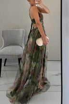 Abito Lungo Stampato con Spalline Donna Scollo a V Fluido
