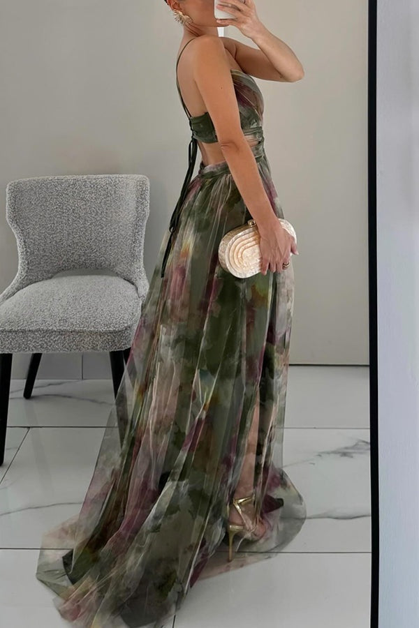 Abito Lungo Stampato con Spalline Donna Scollo a V Fluido