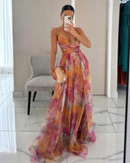 Abito Lungo Stampato con Spalline Donna Scollo a V Fluido