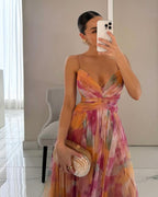 Abito Lungo Stampato con Spalline Donna Scollo a V Fluido