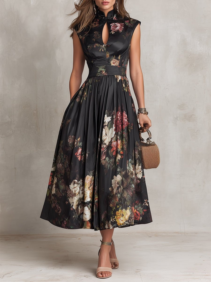 Abito Midi da Cocktail Stampa Floreale Donna Scollo Keyhole