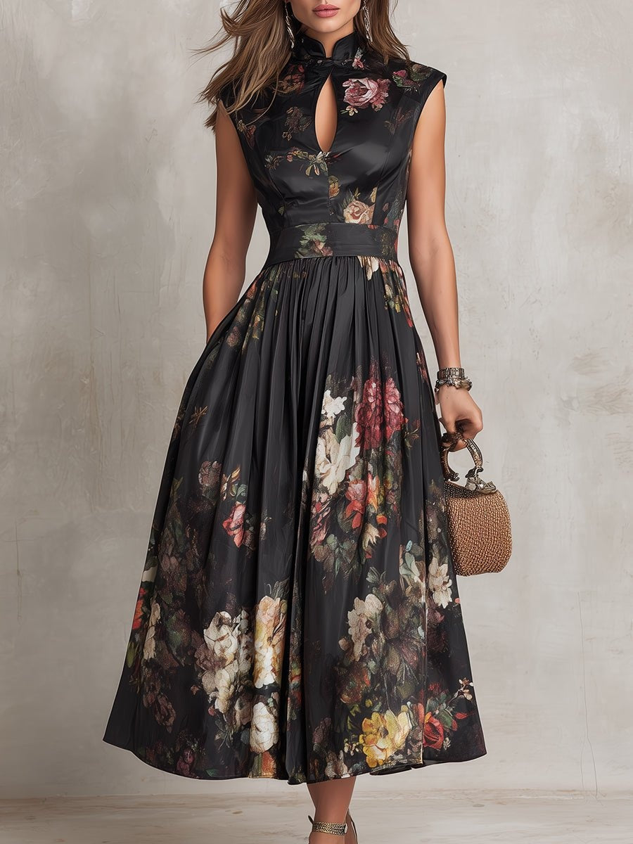 Abito Midi da Cocktail Stampa Floreale Donna Scollo Keyhole