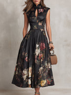 Abito Midi da Cocktail Stampa Floreale Donna Scollo Keyhole