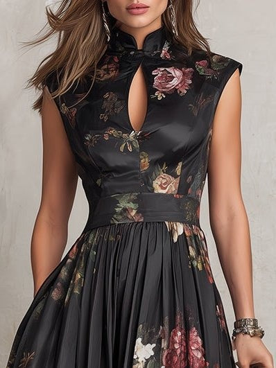 Abito Midi da Cocktail Stampa Floreale Donna Scollo Keyhole