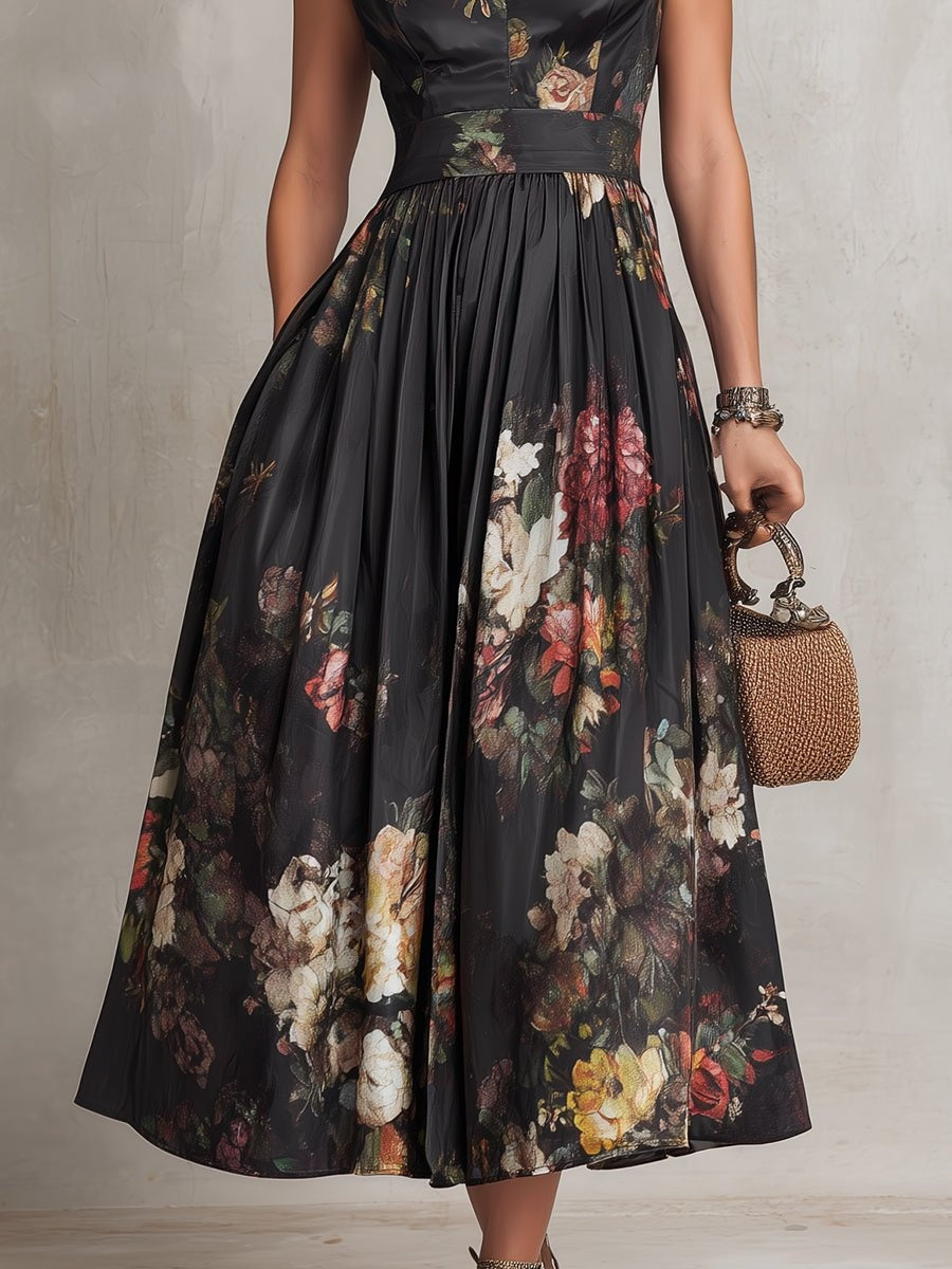 Abito Midi da Cocktail Stampa Floreale Donna Scollo Keyhole