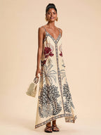 Abito Lungo Estivo Boho Stampa Tropicale Donna con Spalline