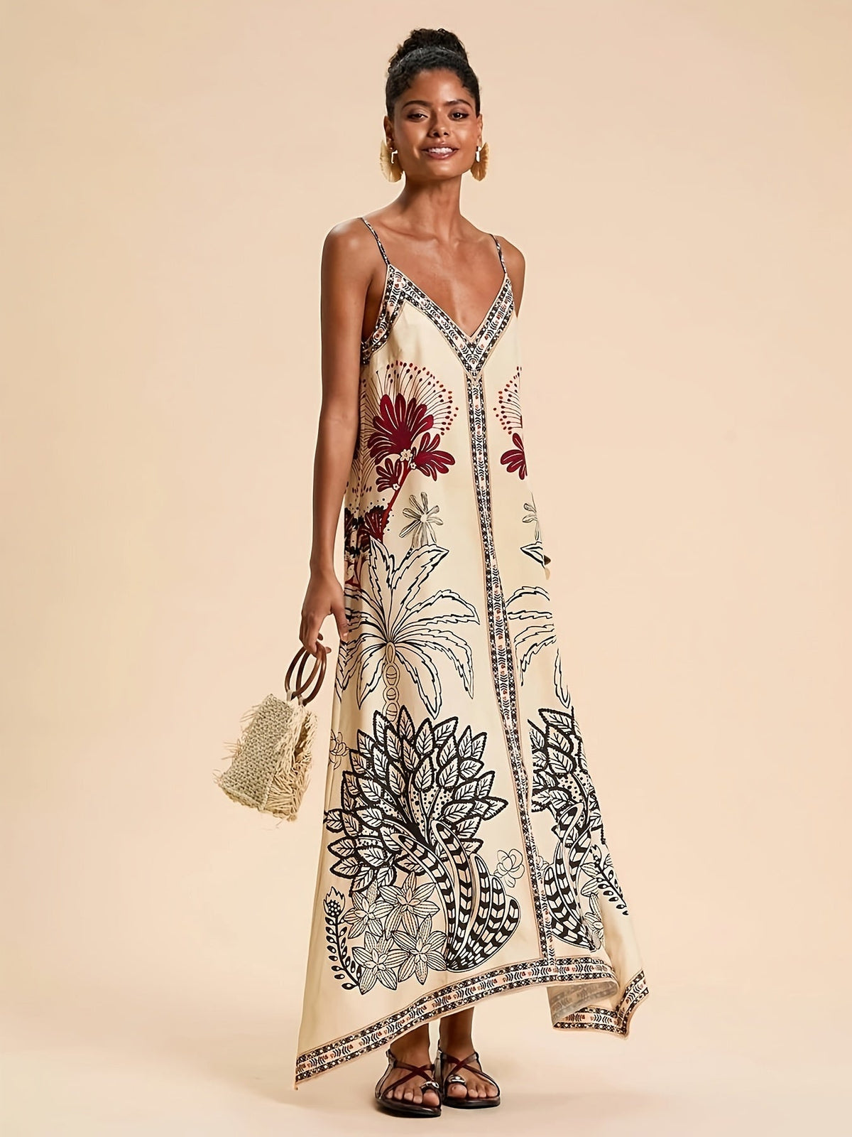Abito Lungo Estivo Boho Stampa Tropicale Donna con Spalline