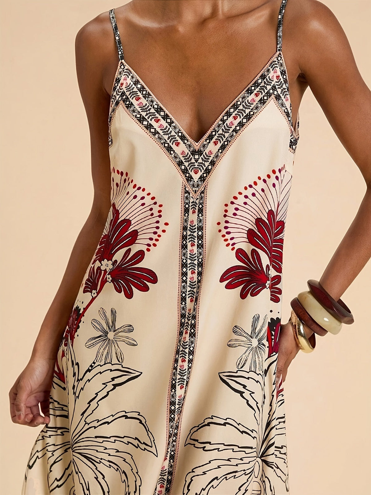 Abito Lungo Estivo Boho Stampa Tropicale Donna con Spalline