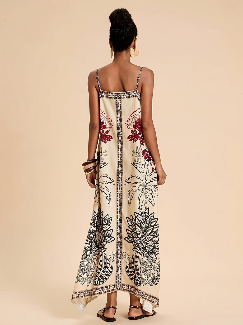 Abito Lungo Estivo Boho Stampa Tropicale Donna con Spalline