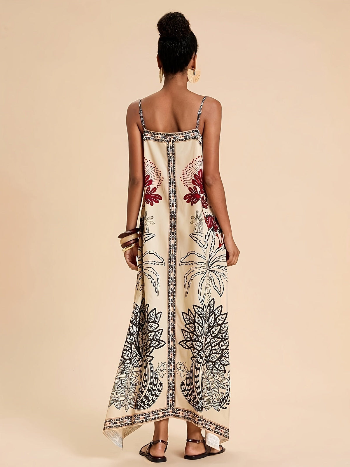 Abito Lungo Estivo Boho Stampa Tropicale Donna con Spalline