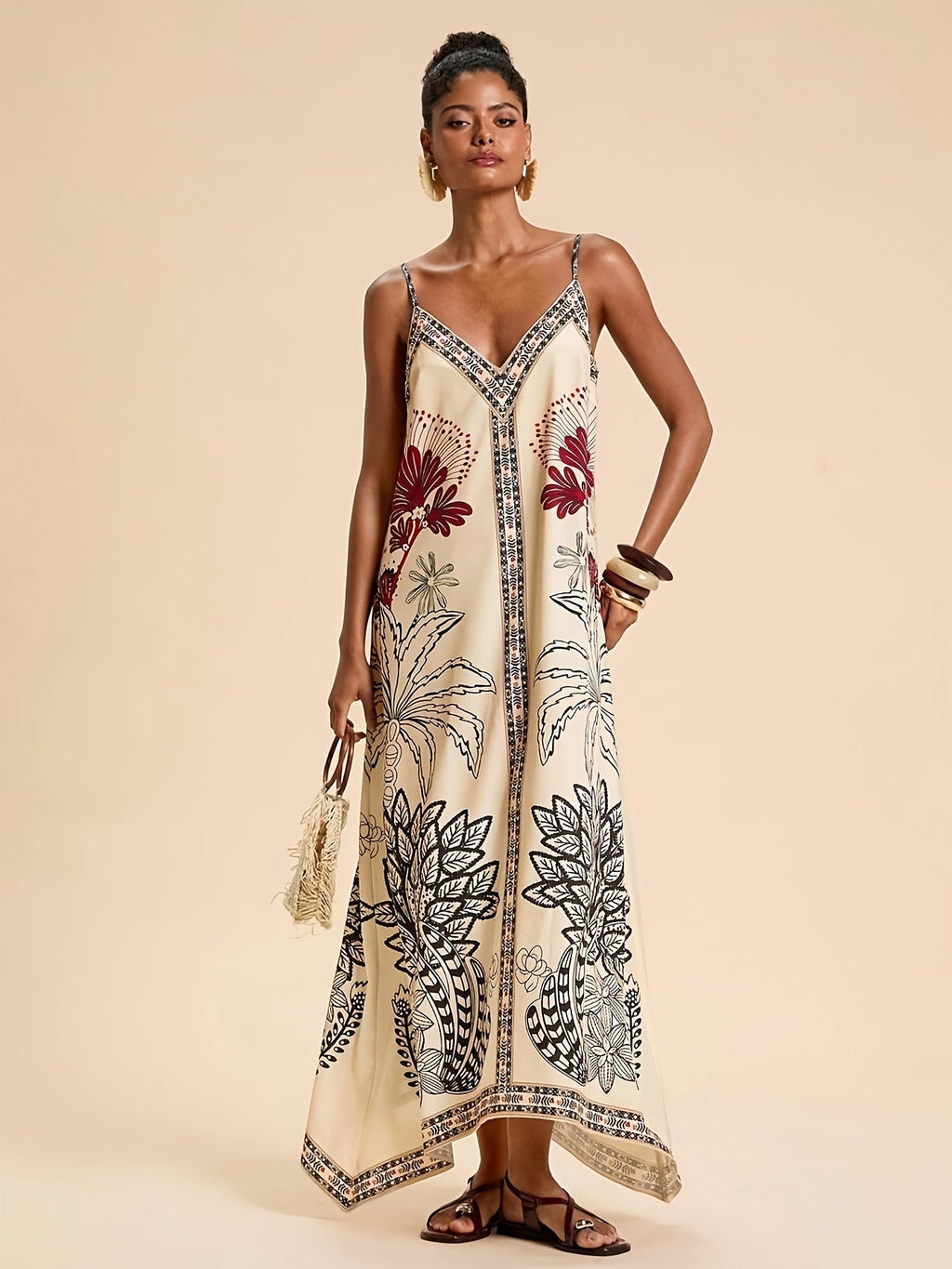 Abito Lungo Estivo Boho Stampa Tropicale Donna con Spalline