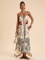Abito Lungo Estivo Boho Stampa Tropicale Donna con Spalline