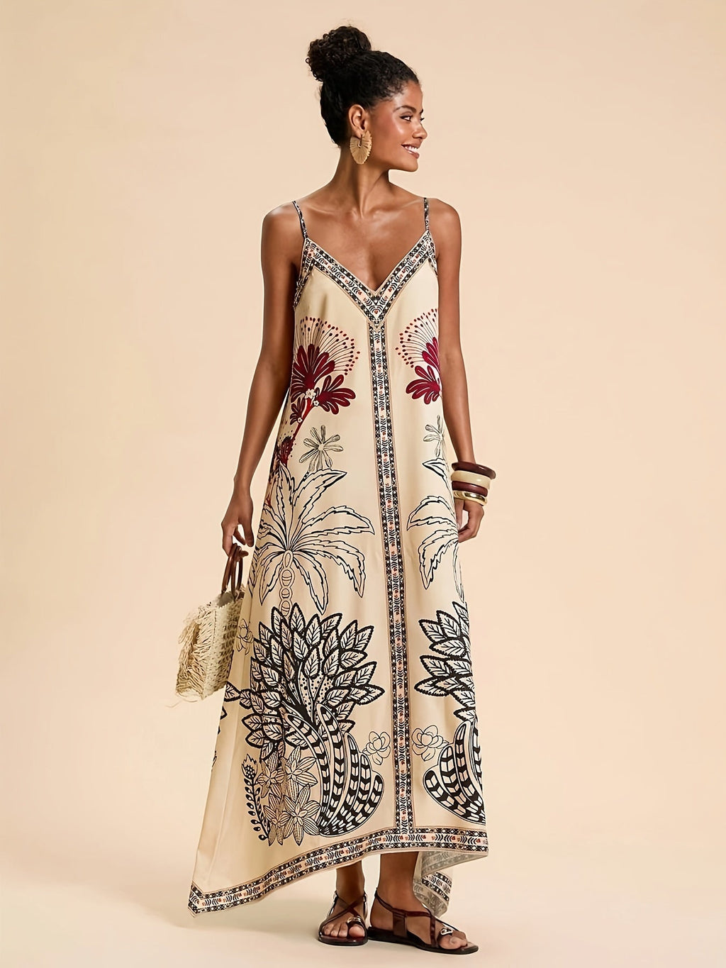 Abito Lungo Estivo Boho Stampa Tropicale Donna con Spalline