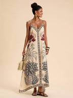 Abito Lungo Estivo Boho Stampa Tropicale Donna con Spalline