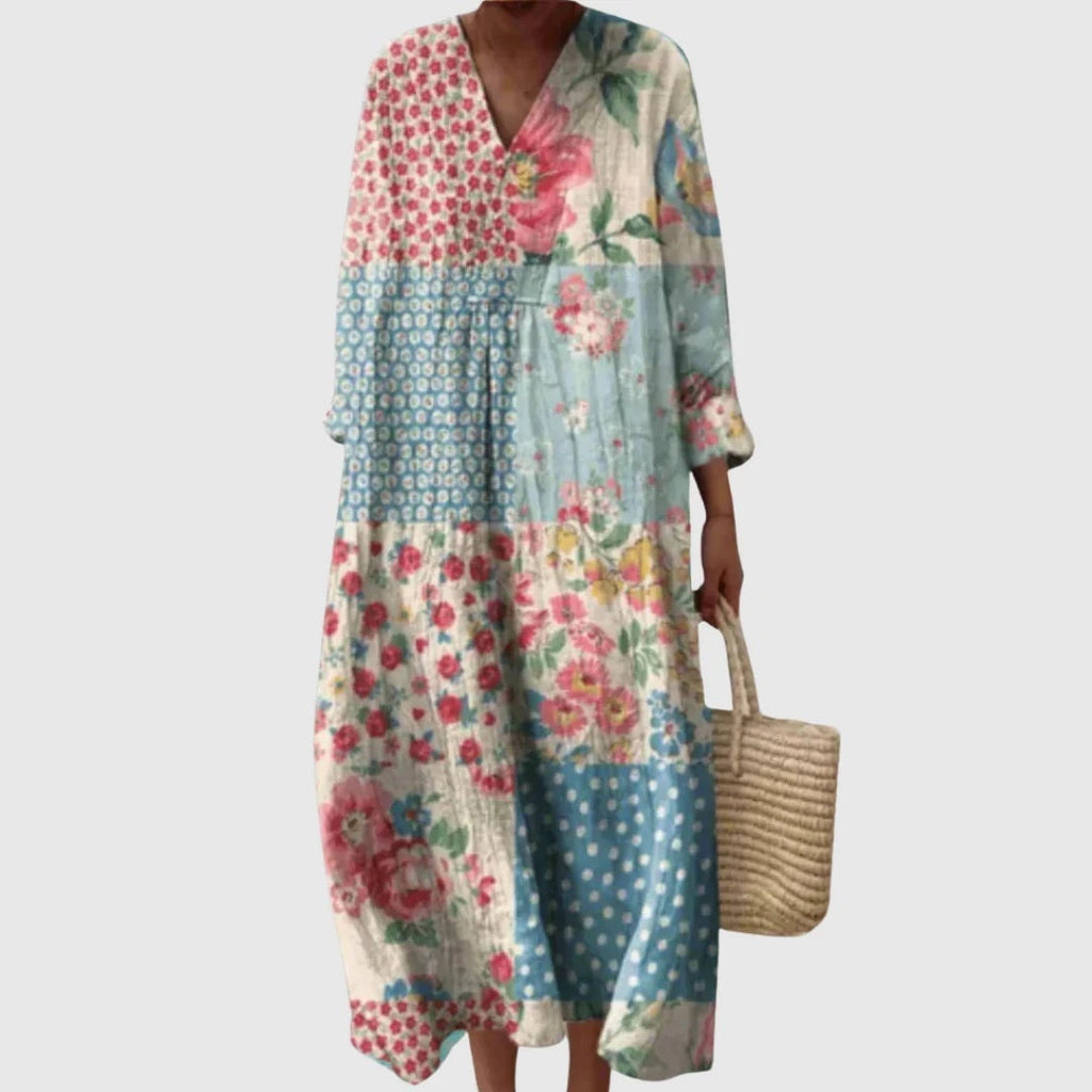 Abito Lungo Estivo Geometrico Stampa Patchwork Donna Scollo a V