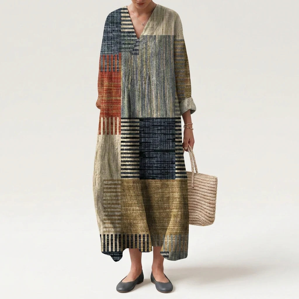 Abito Lungo Estivo Geometrico Stampa Patchwork Donna Scollo a V