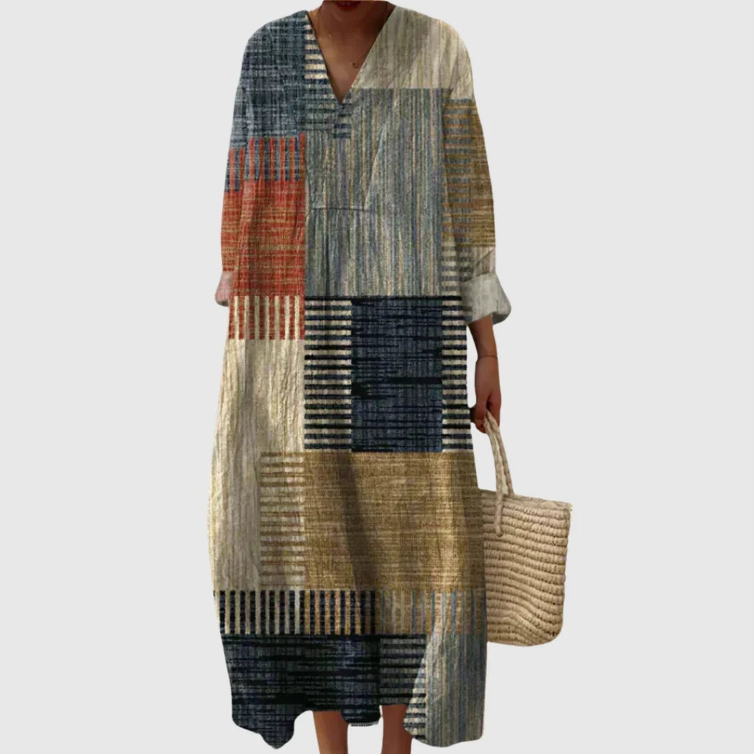 Abito Lungo Estivo Geometrico Stampa Patchwork Donna Scollo a V