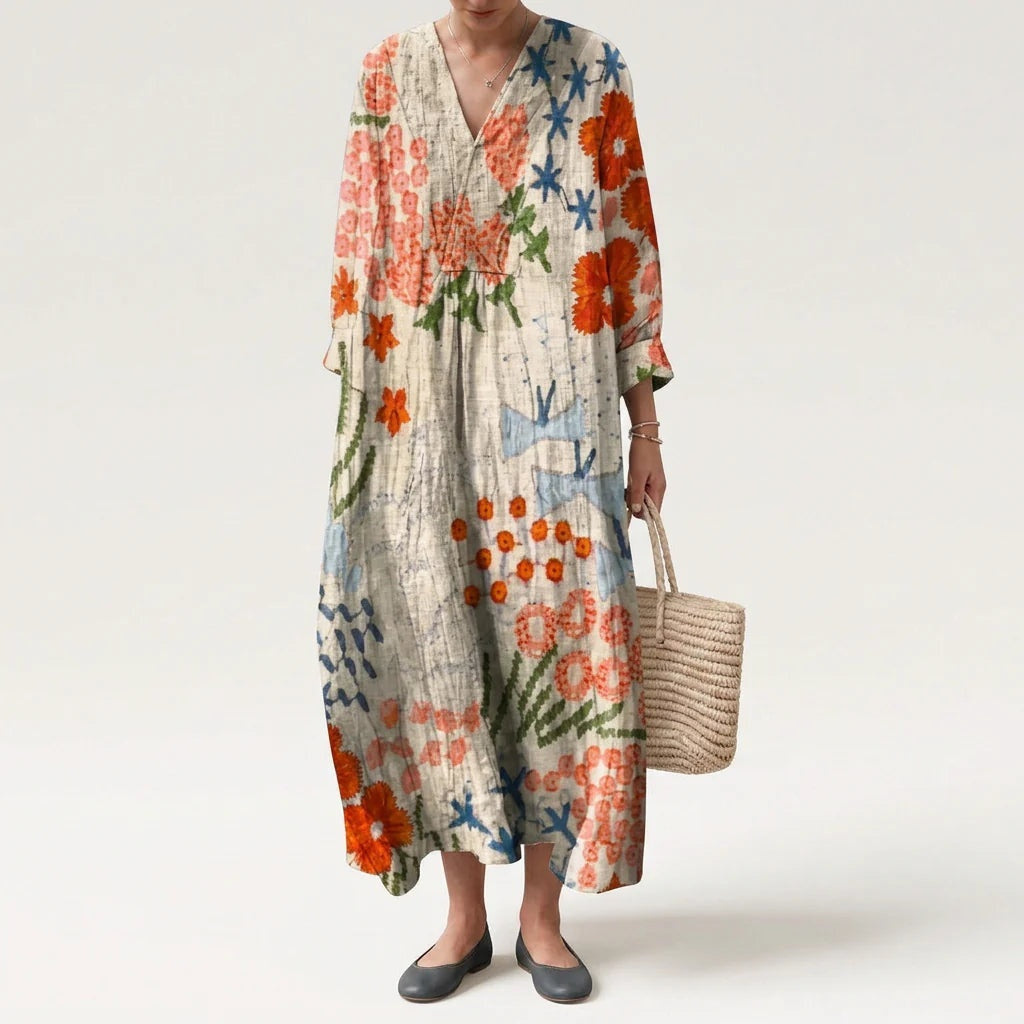 Abito Lungo Estivo Geometrico Stampa Patchwork Donna Scollo a V