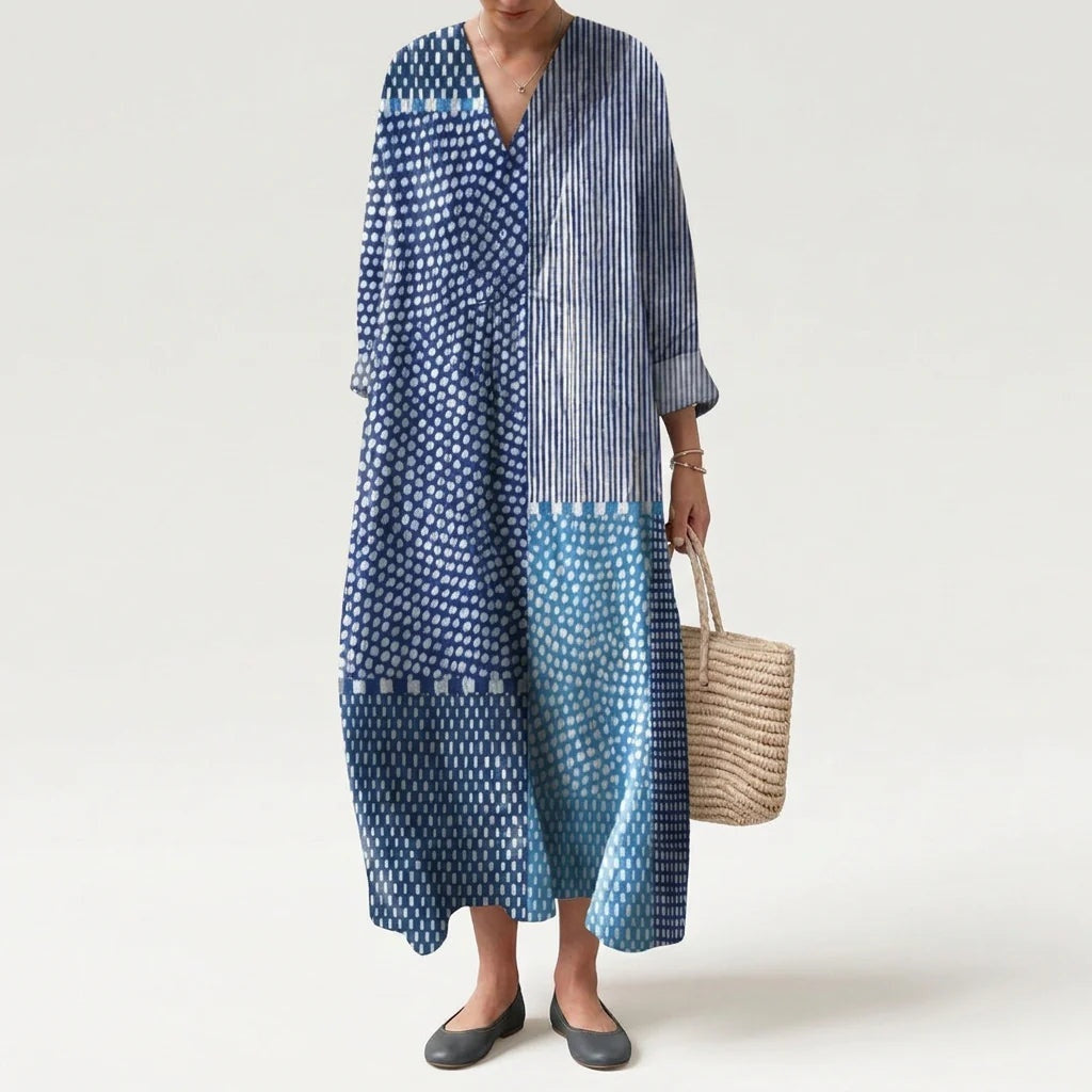 Abito Lungo Estivo Geometrico Stampa Patchwork Donna Scollo a V