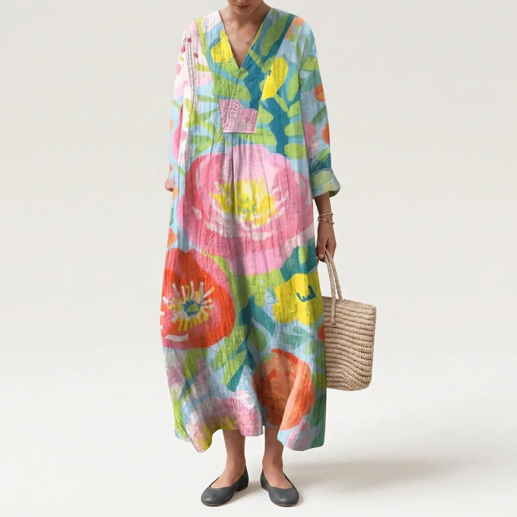 Abito Lungo Estivo Geometrico Stampa Patchwork Donna Scollo a V
