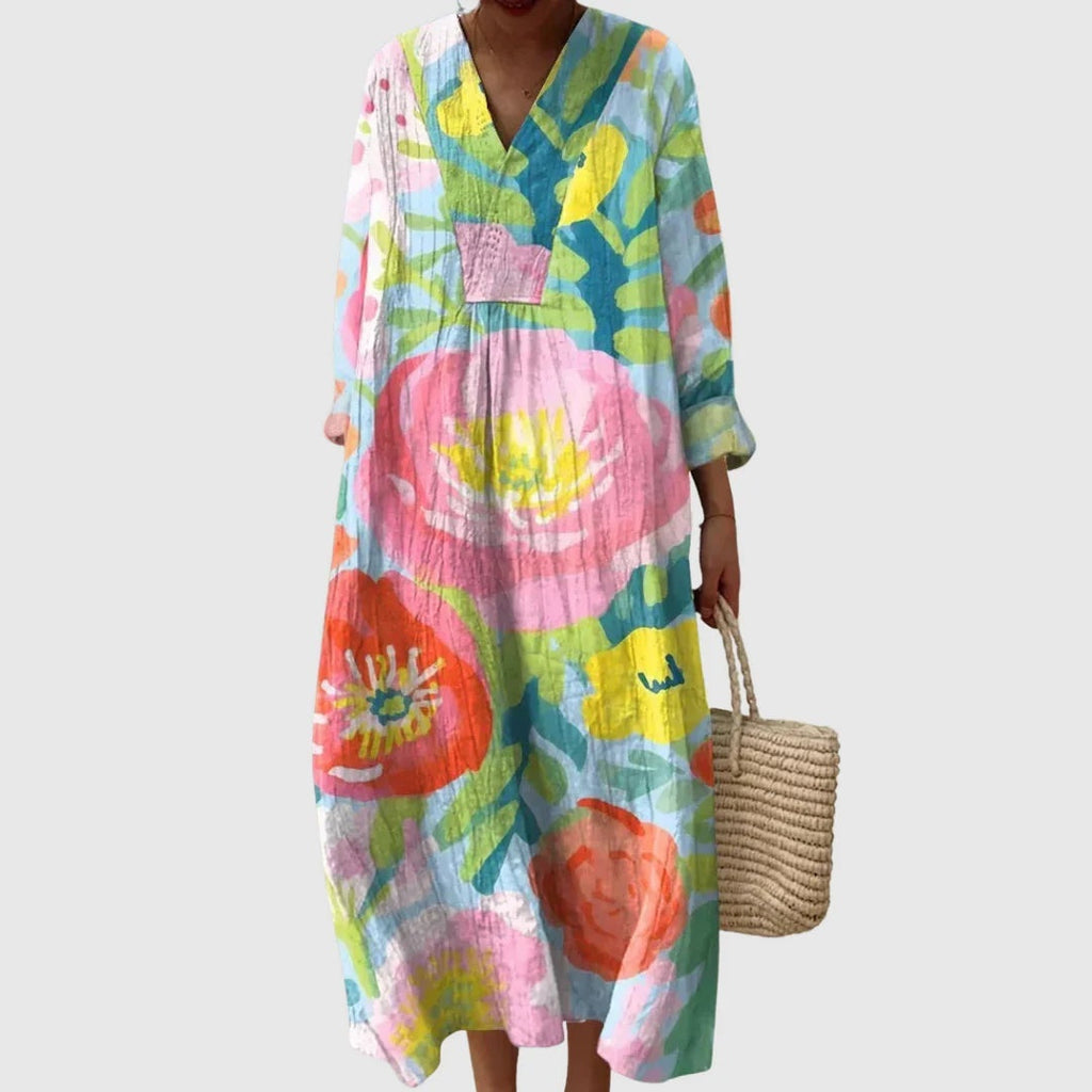 Abito Lungo Estivo Geometrico Stampa Patchwork Donna Scollo a V