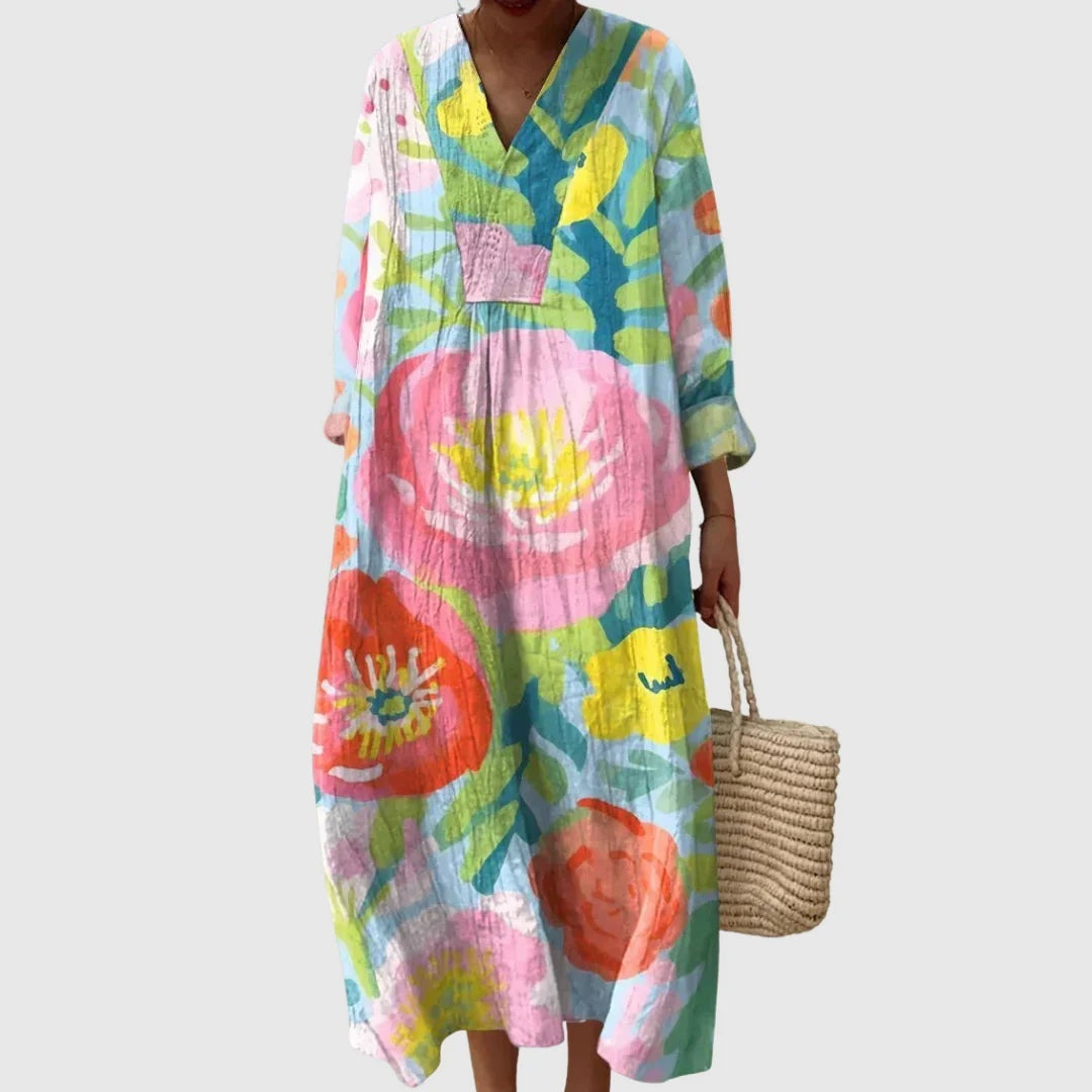 Abito Lungo Estivo Geometrico Stampa Patchwork Donna Scollo a V