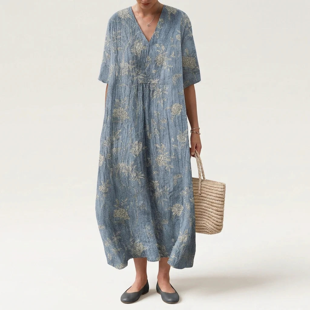 Abito Lungo Estivo Geometrico Stampa Patchwork Donna Scollo a V