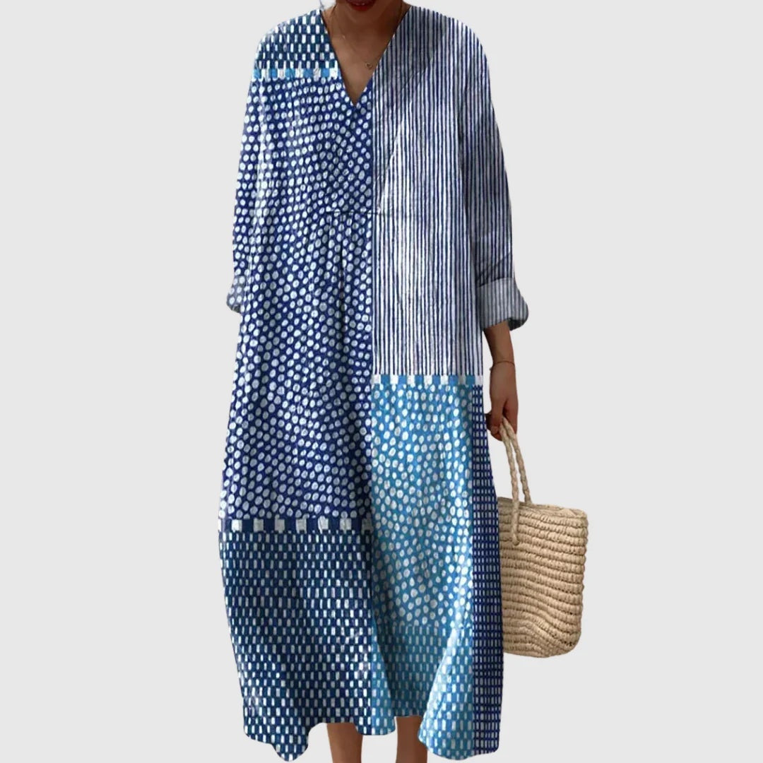 Abito Lungo Estivo Geometrico Stampa Patchwork Donna Scollo a V
