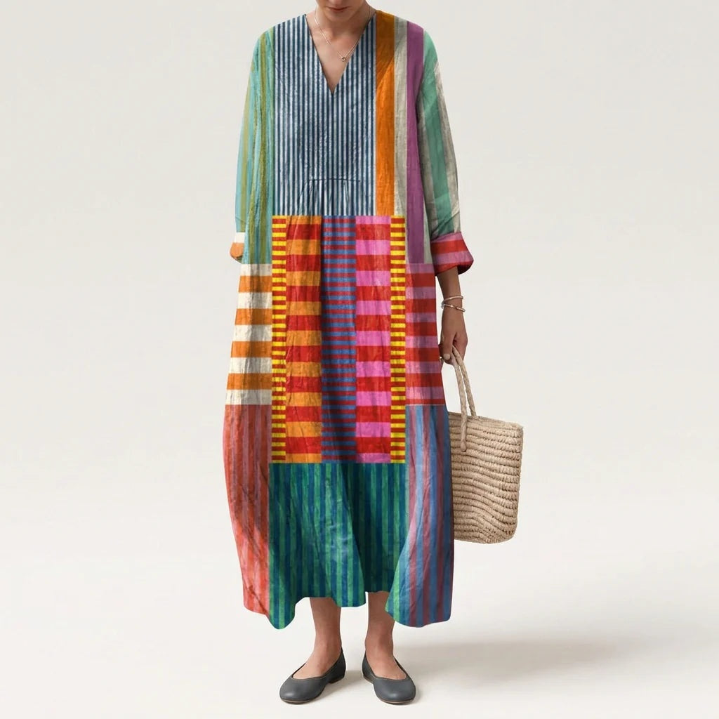 Abito Lungo Estivo Geometrico Stampa Patchwork Donna Scollo a V