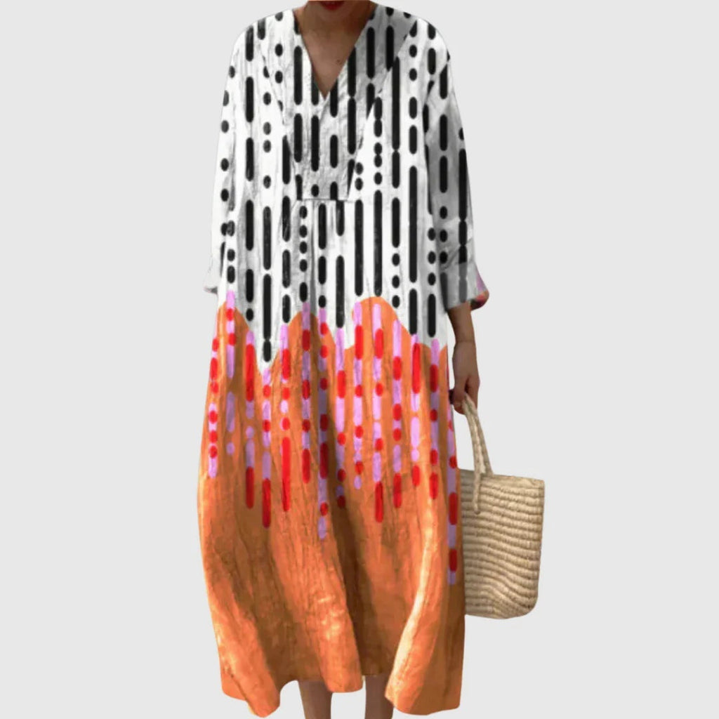 Abito Lungo Estivo Geometrico Stampa Patchwork Donna Scollo a V